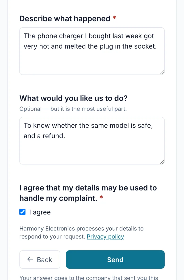 The complaint form on a phone: description, what the customer would like us to do, consent and a link to the privacy policy.
