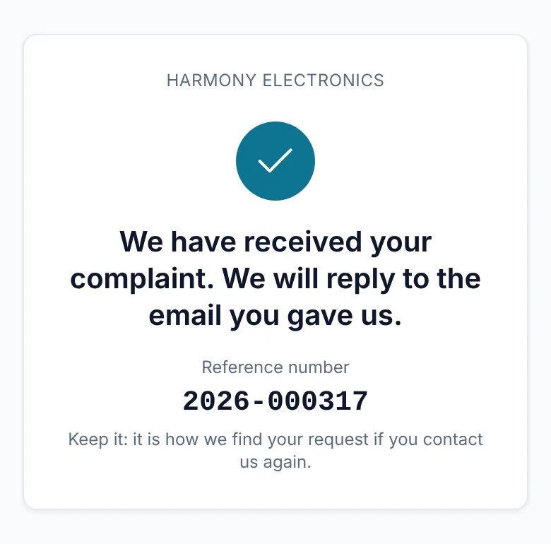 The thank-you screen of the form, with the reference number of the complaint.