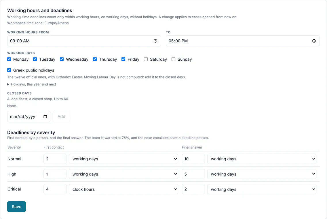 The working-hours settings: working hours and days, Greek public holidays, closed days, and the first contact and final answer deadlines per severity.