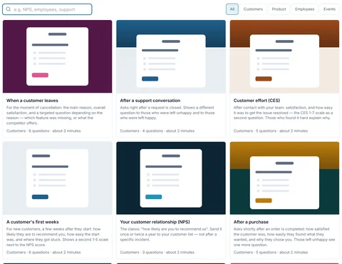 The template gallery, with category filters