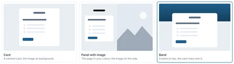 The three page layouts: card, panel with image, band